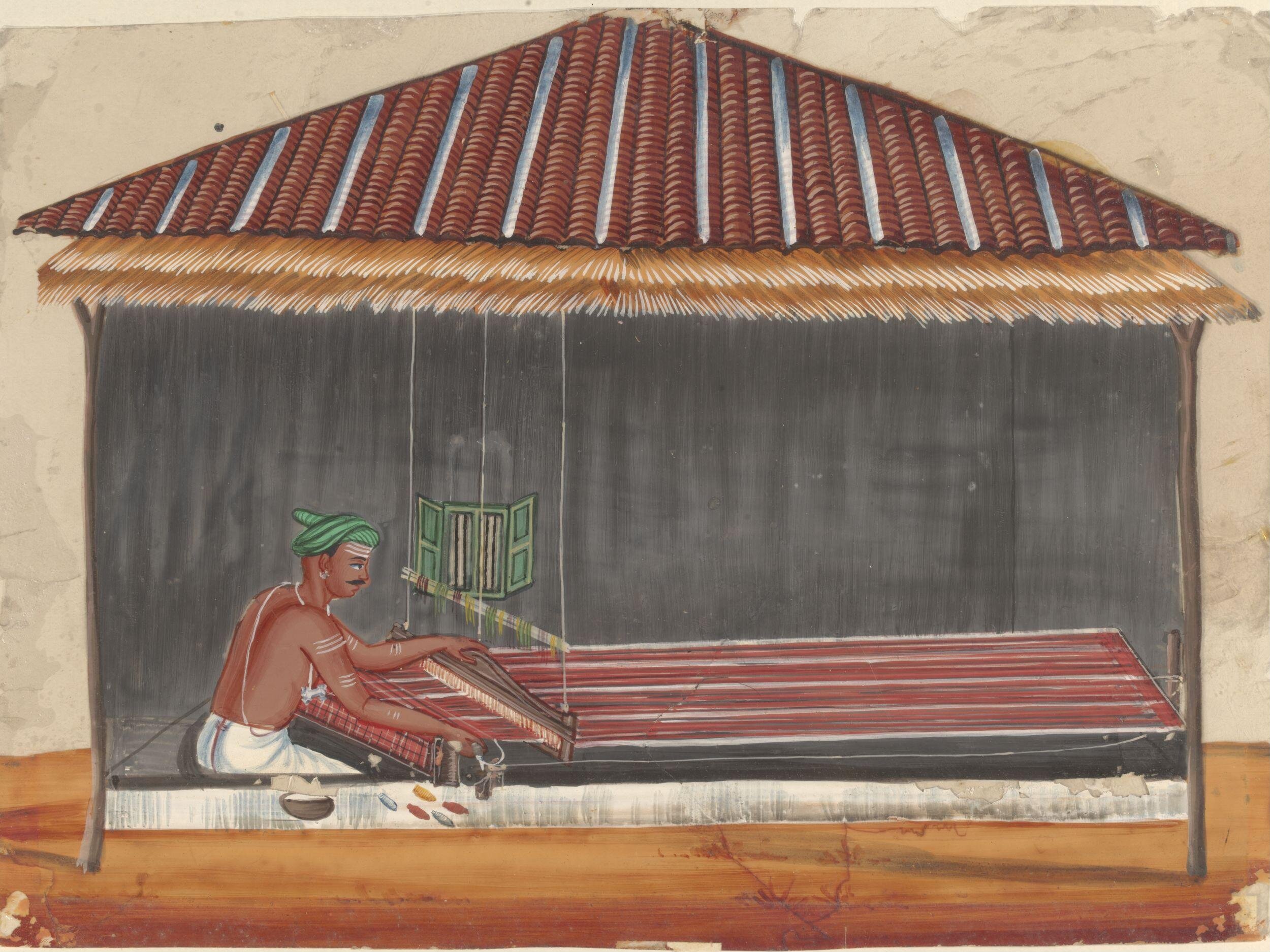 A man seated at a loom